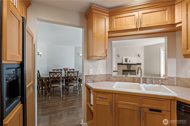 kitchen featuring dishwasher, sink, a fireplace, and dark hardwood / wood-style floors