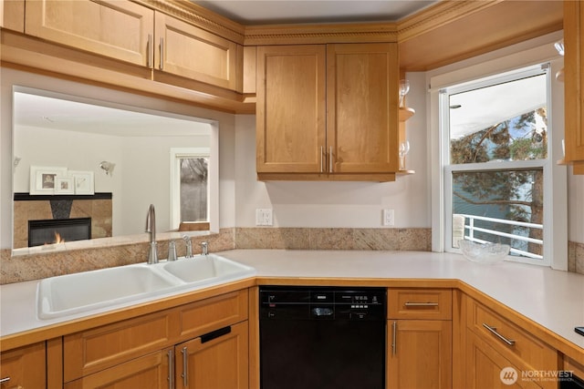 kitchen with black dishwasher, sink, and a fireplace