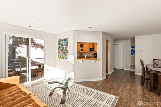 living room featuring dark hardwood / wood-style floors and sink