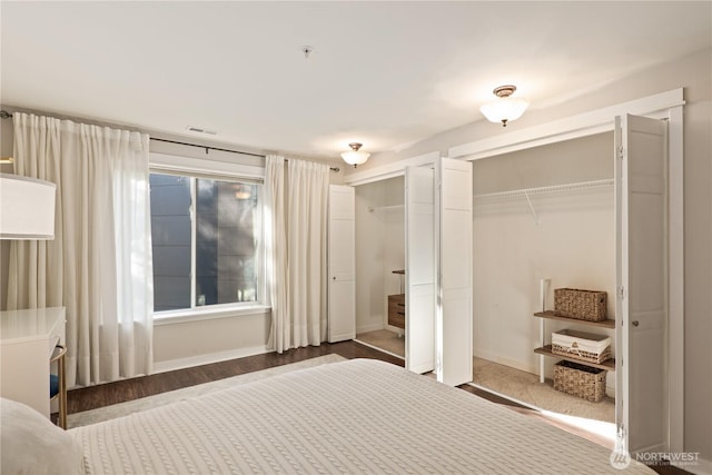 bedroom featuring multiple windows, hardwood / wood-style floors, and two closets