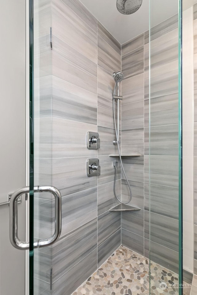 bathroom with a shower with shower door