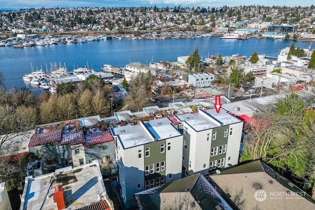 aerial view with a water view