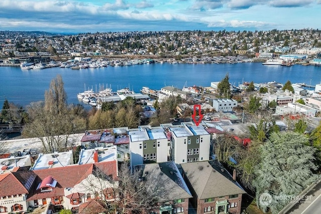 bird's eye view featuring a water view