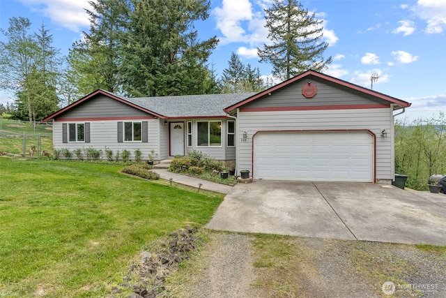 single story home with driveway, a front lawn, and an attached garage