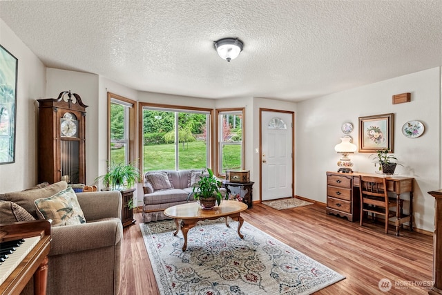 living area featuring a textured ceiling, baseboards, and wood finished floors