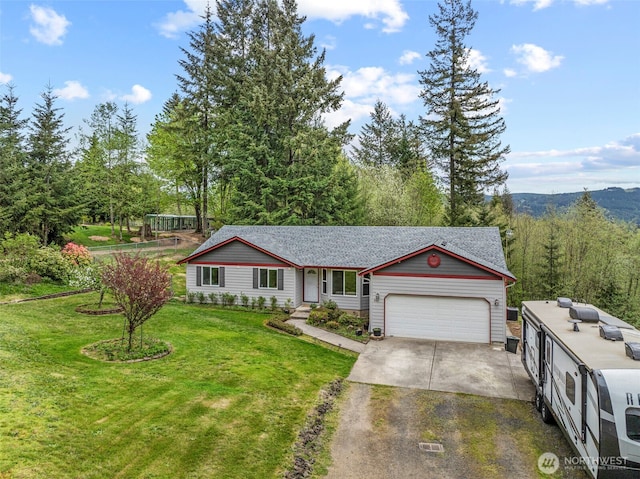 single story home with a garage, driveway, a front lawn, and roof with shingles