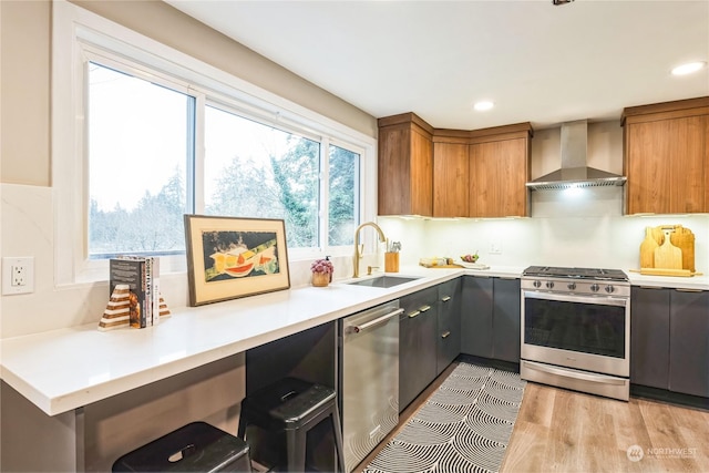 kitchen featuring wall chimney range hood, light hardwood / wood-style floors, sink, and appliances with stainless steel finishes