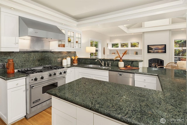 kitchen featuring appliances with stainless steel finishes, glass insert cabinets, white cabinetry, a sink, and wall chimney exhaust hood