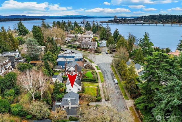 drone / aerial view with a residential view and a water and mountain view