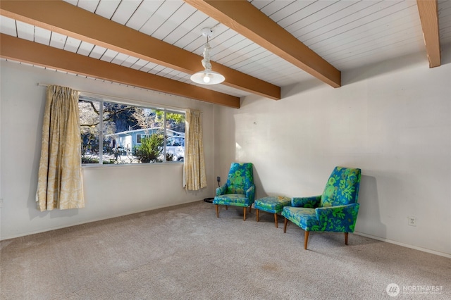 living area featuring beamed ceiling and carpet flooring