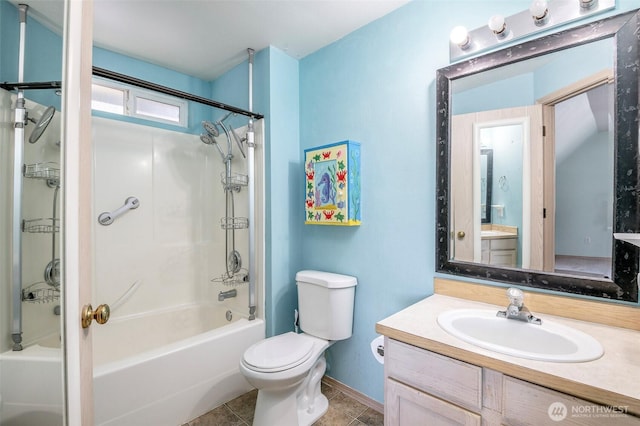 full bathroom with shower / bathing tub combination, vanity, tile patterned floors, and toilet