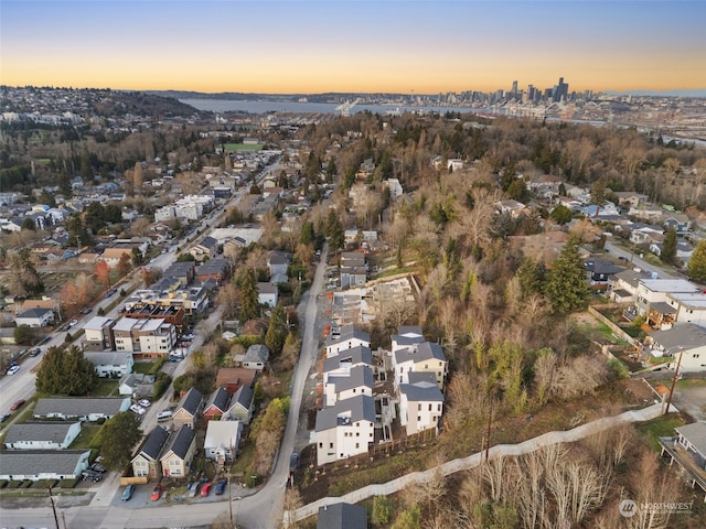 view of aerial view at dusk