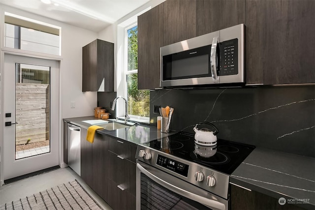 kitchen featuring tasteful backsplash, sink, dark brown cabinets, and stainless steel appliances