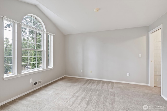 carpeted spare room with lofted ceiling