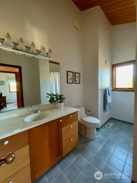 bathroom featuring tile patterned floors, toilet, vanity, and wood ceiling