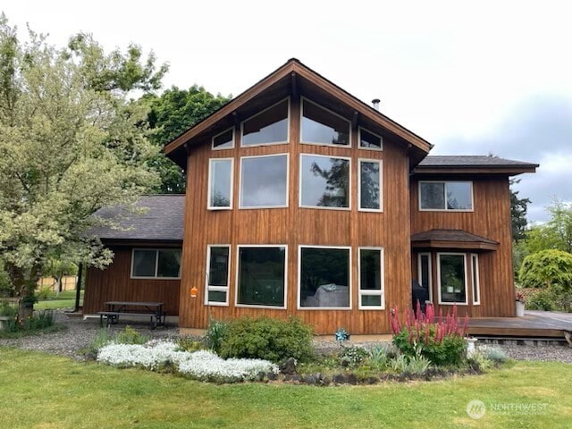 1090 Middle Fork Rd, Onalaska, WA 98570 - rear view of house with a yard, a wooden deck, and a shingled roof