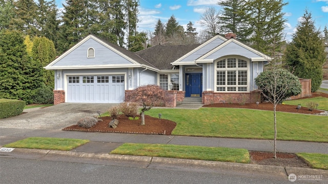 ranch-style house with a garage, driveway, brick siding, and a front yard