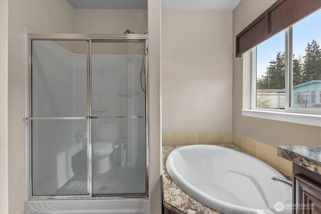 full bath with a garden tub, a shower stall, and vanity