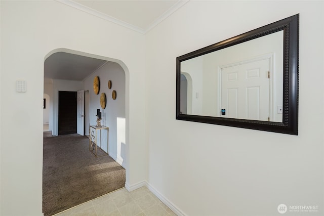 corridor with crown molding and light colored carpet