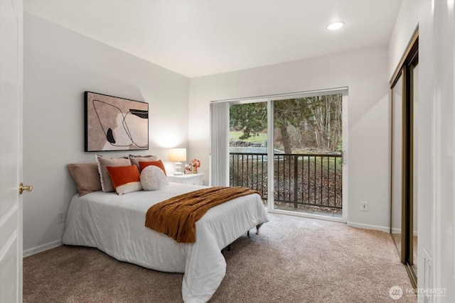 bedroom featuring access to outside, carpet floors, recessed lighting, and baseboards