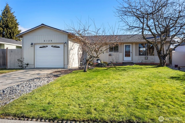 ranch-style house with a garage and a front yard