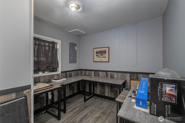 office featuring wood-type flooring and electric panel