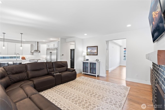 living room featuring a fireplace and light wood-type flooring