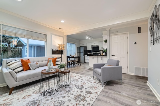 living room with track lighting, ornamental molding, and light wood-type flooring