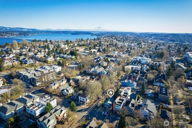 drone / aerial view with a water view