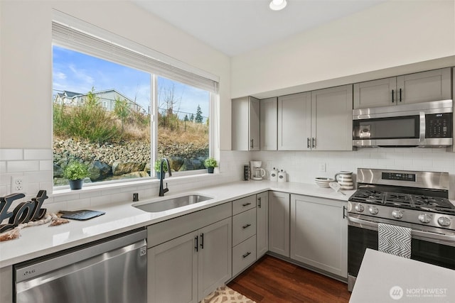 kitchen featuring stainless steel appliances, sink, decorative backsplash, and gray cabinets