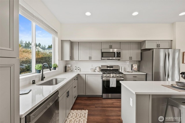 kitchen featuring gray cabinets, sink, backsplash, stainless steel appliances, and dark wood-type flooring