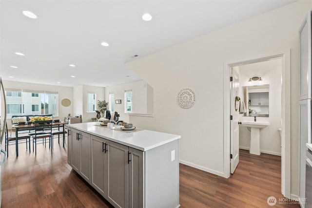 kitchen with gray cabinets, a kitchen island, and dark hardwood / wood-style floors