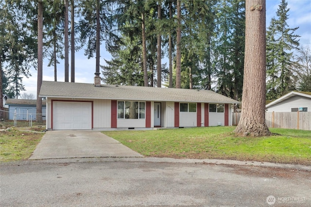 ranch-style home with a garage and a front yard