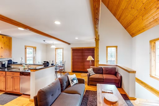 living area with light wood-type flooring, wooden ceiling, lofted ceiling with beams, and recessed lighting