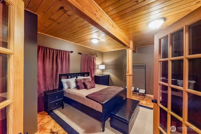 bedroom featuring beamed ceiling and wood ceiling