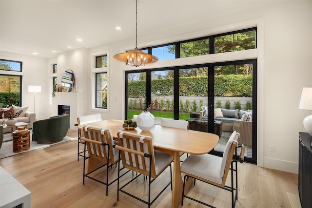 dining area with an inviting chandelier, a healthy amount of sunlight, and light hardwood / wood-style floors