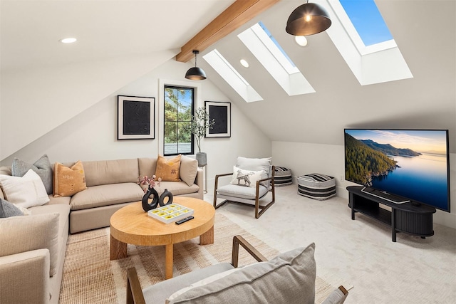 carpeted living room with lofted ceiling with beams