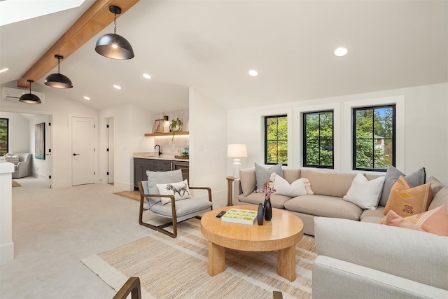 carpeted living room featuring a wall mounted AC, lofted ceiling with beams, and indoor wet bar