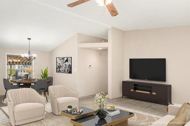 carpeted living room with ceiling fan with notable chandelier and vaulted ceiling