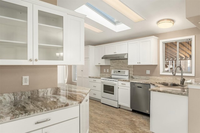 kitchen with dishwasher, sink, white cabinets, white electric range oven, and light stone countertops