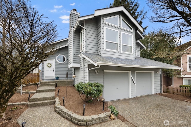 view of front of property with aphalt driveway, an attached garage, a shingled roof, fence, and a chimney