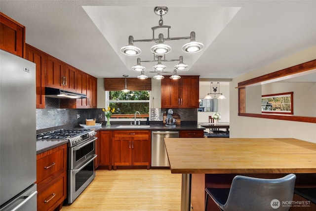 kitchen with light wood finished floors, stainless steel appliances, under cabinet range hood, wooden counters, and a sink