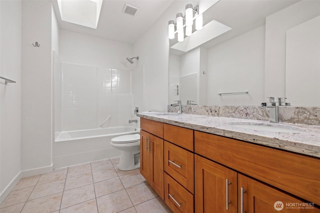 full bathroom with tile patterned flooring, toilet, tub / shower combination, and a skylight