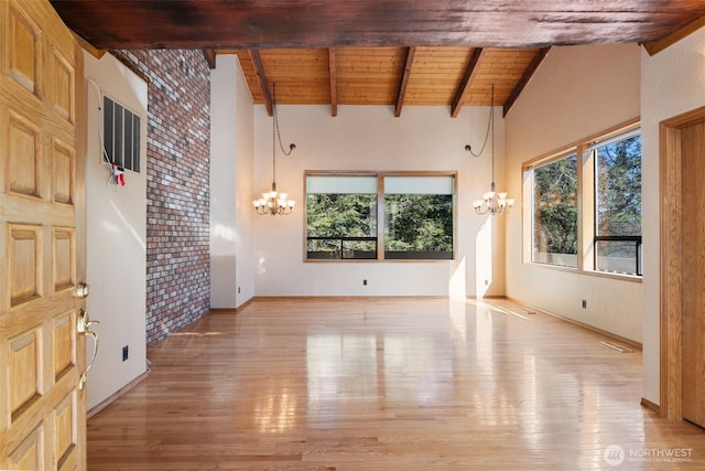 unfurnished living room with visible vents, wood ceiling, light wood-style flooring, beamed ceiling, and an inviting chandelier