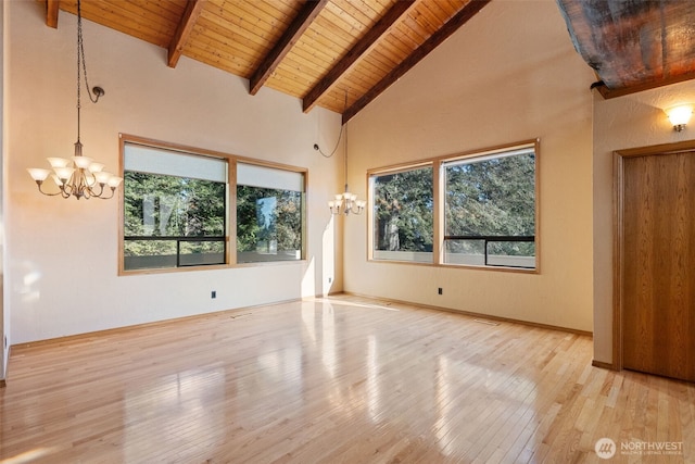 interior space with wood ceiling, light wood-style flooring, beam ceiling, high vaulted ceiling, and a notable chandelier