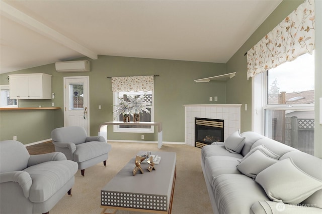 living area with a fireplace, light colored carpet, lofted ceiling with beams, a wall mounted AC, and baseboards