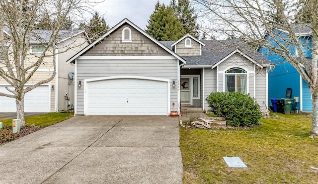 view of front facade featuring an attached garage, a shingled roof, a front lawn, and concrete driveway