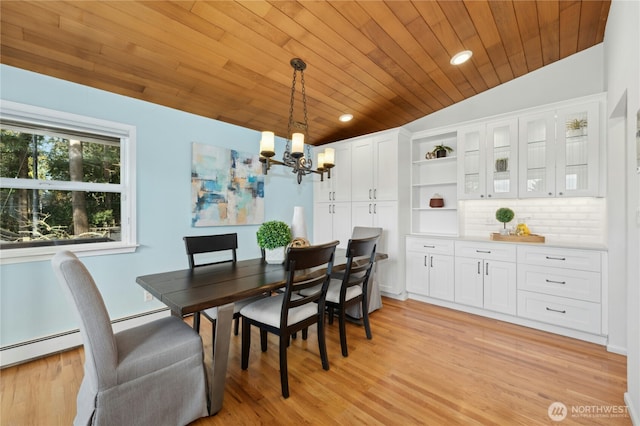 dining area with light hardwood / wood-style flooring, a chandelier, vaulted ceiling, and wooden ceiling