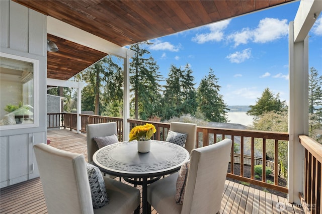 deck featuring a water view