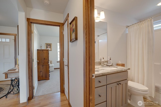 bathroom with vanity, toilet, and hardwood / wood-style floors